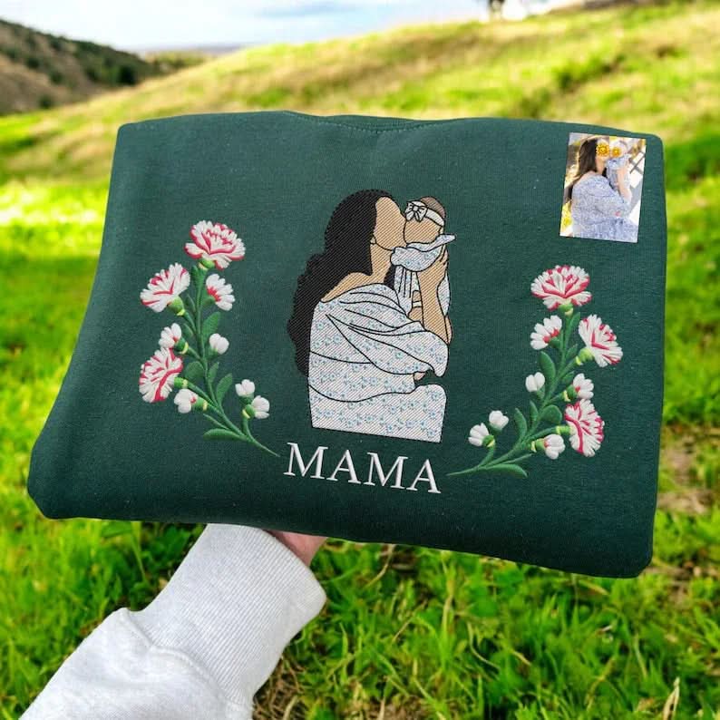 Blooming With Love – Custom Embroidered Birthday Flower Portrait from Photo Sweatshirt Hoodie, Perfect Gift for Mom