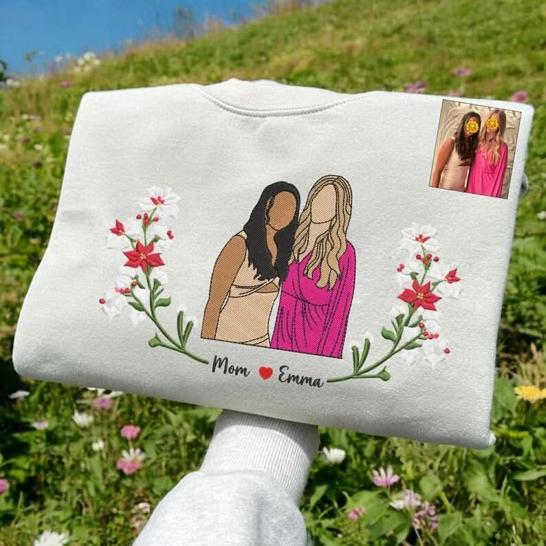 Blooming With Love – Custom Embroidered Birthday Flower Portrait from Photo Sweatshirt Hoodie, Perfect Gift for Couple