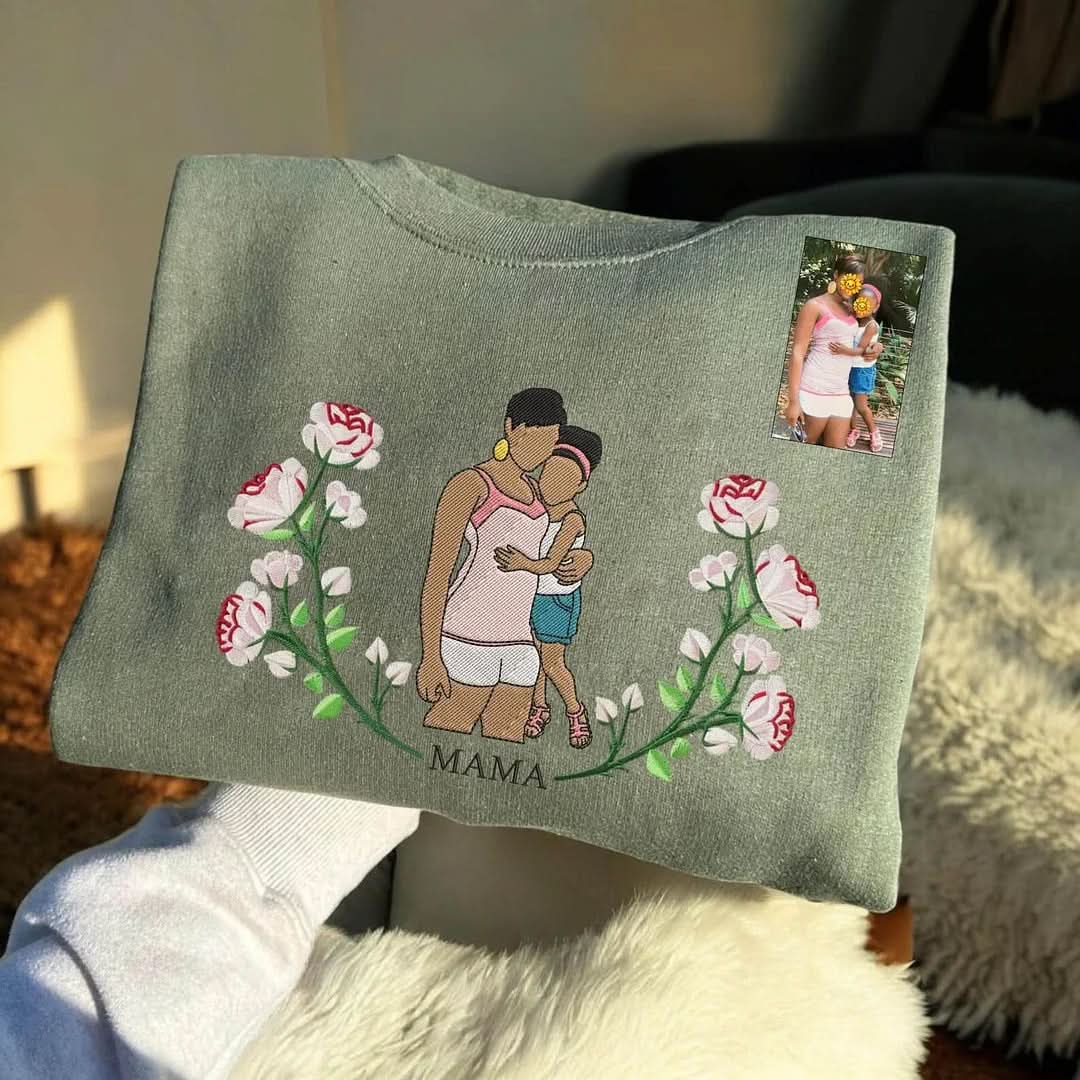 Blooming With Love – Custom Embroidered Birthday Flower Portrait from Photo Sweatshirt Hoodie, Perfect Gift for Mom