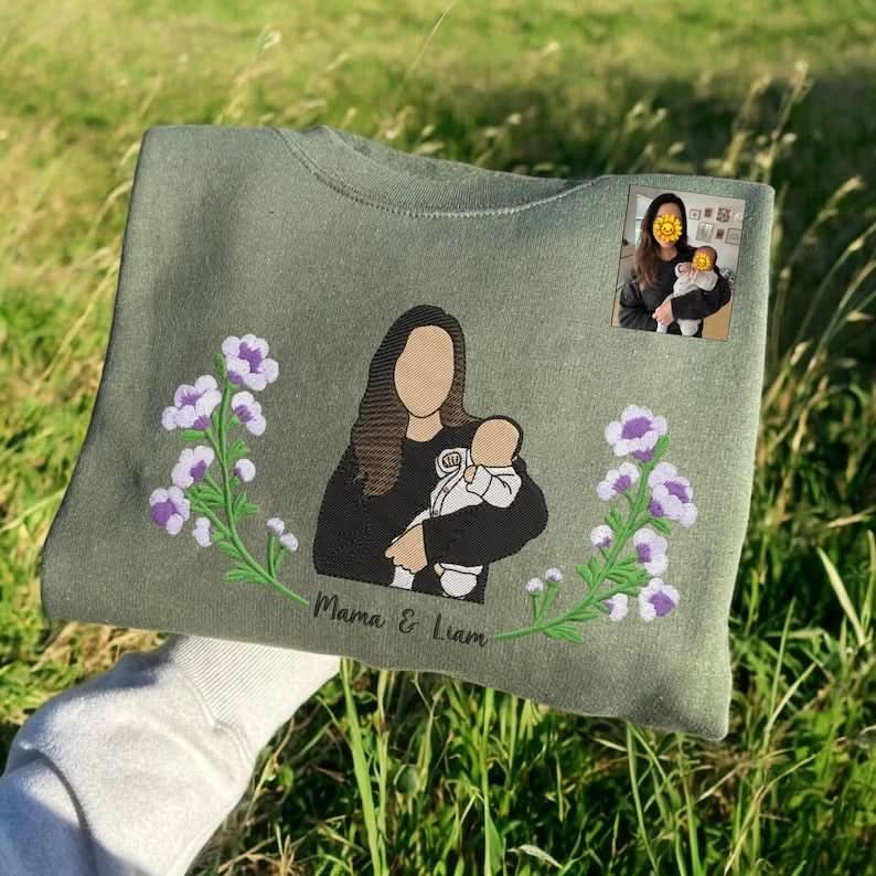 Blooming With Love – Custom Embroidered Birthday Flower Portrait from Photo Sweatshirt Hoodie, Perfect Gift for Mom