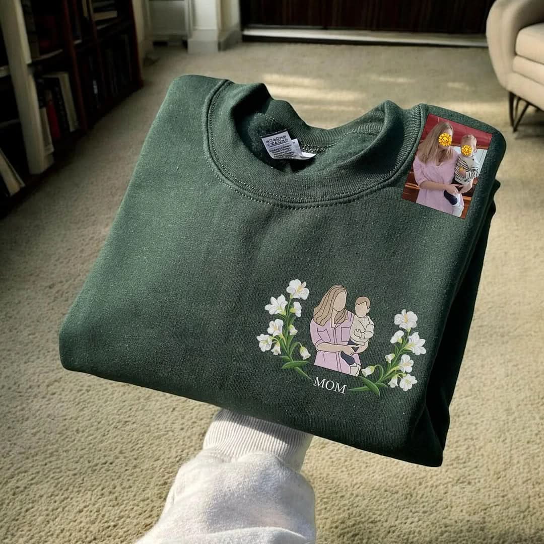 Blooming With Love – Custom Embroidered Birthday Flower Portrait from Photo Sweatshirt Hoodie, Perfect Gift for Mom