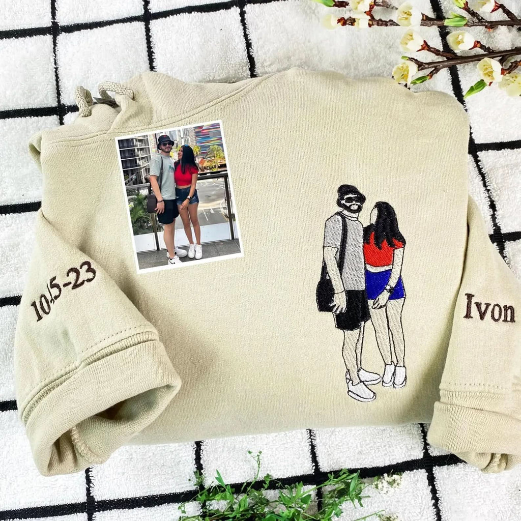 Anniversary Gifts For Boyfriend - Embroidered Couple Portrait Sweatshirt - Custom Portrait From Photo Hoodie - Matching His And Her Hoodies