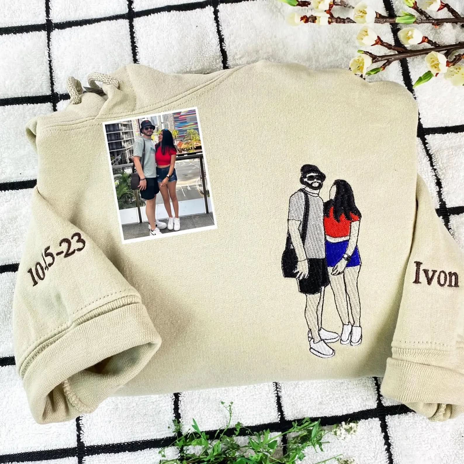 Anniversary Gifts For Boyfriend - Embroidered Couple Portrait Sweatshirt - Custom Portrait From Photo Hoodie - Matching His And Her Hoodies